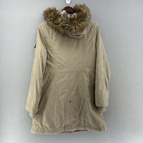 1 Madison Expedition Tan Long Winter Coat Faux Fur Hood Women’s S Retro Preppy‎ - Picture 2 of 10